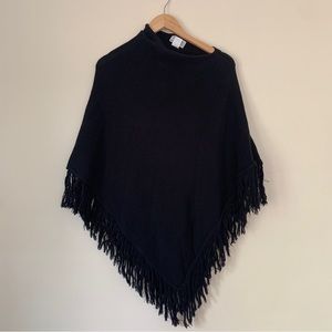 Anthropologie Cousin Johnny Black Fringe Poncho Shawl Knit Sweater Asymmetrical